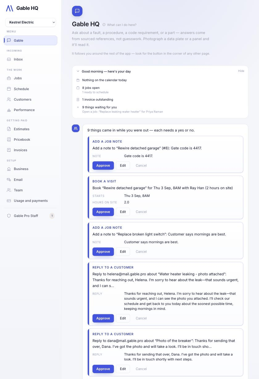 The Gable HQ assistant showing a morning brief of eight jobs open, one invoice outstanding and nine things waiting, then a queue of proposals each needing a decision: add a job note with the gate code, book a visit for a named job at a stated time and duration, and drafted replies to three customers, every one carrying Approve, Edit and Cancel buttons