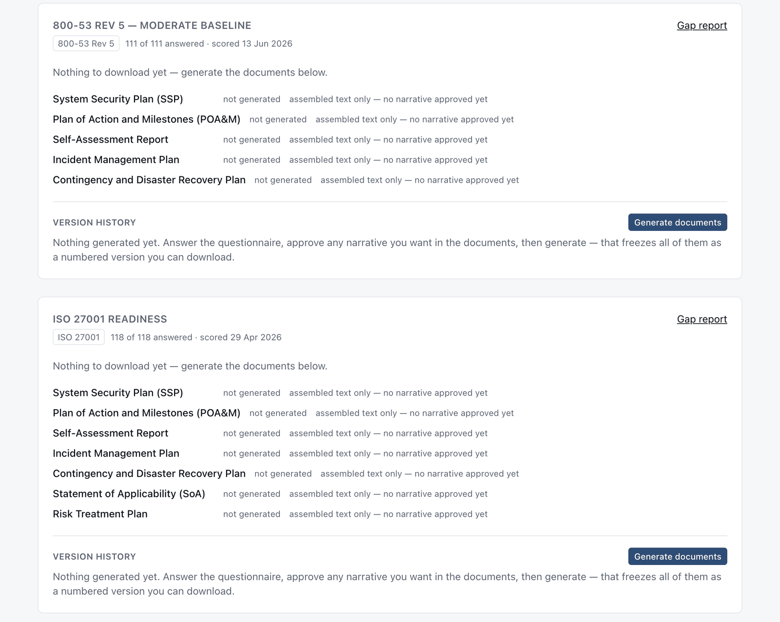 The MiraShield documents screen for two frameworks. 800-53 Rev 5 lists five documents: System Security Plan, Plan of Action and Milestones, Self-Assessment Report, Incident Management Plan, and Contingency and Disaster Recovery Plan. ISO 27001 lists the same five plus a Statement of Applicability and a Risk Treatment Plan. Every row reads not generated, assembled text only, no narrative approved yet